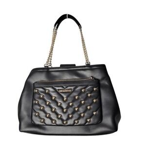 Love Moschino Black Studded Quilted Handbag Gold Chain Purse Heart Details Vegan